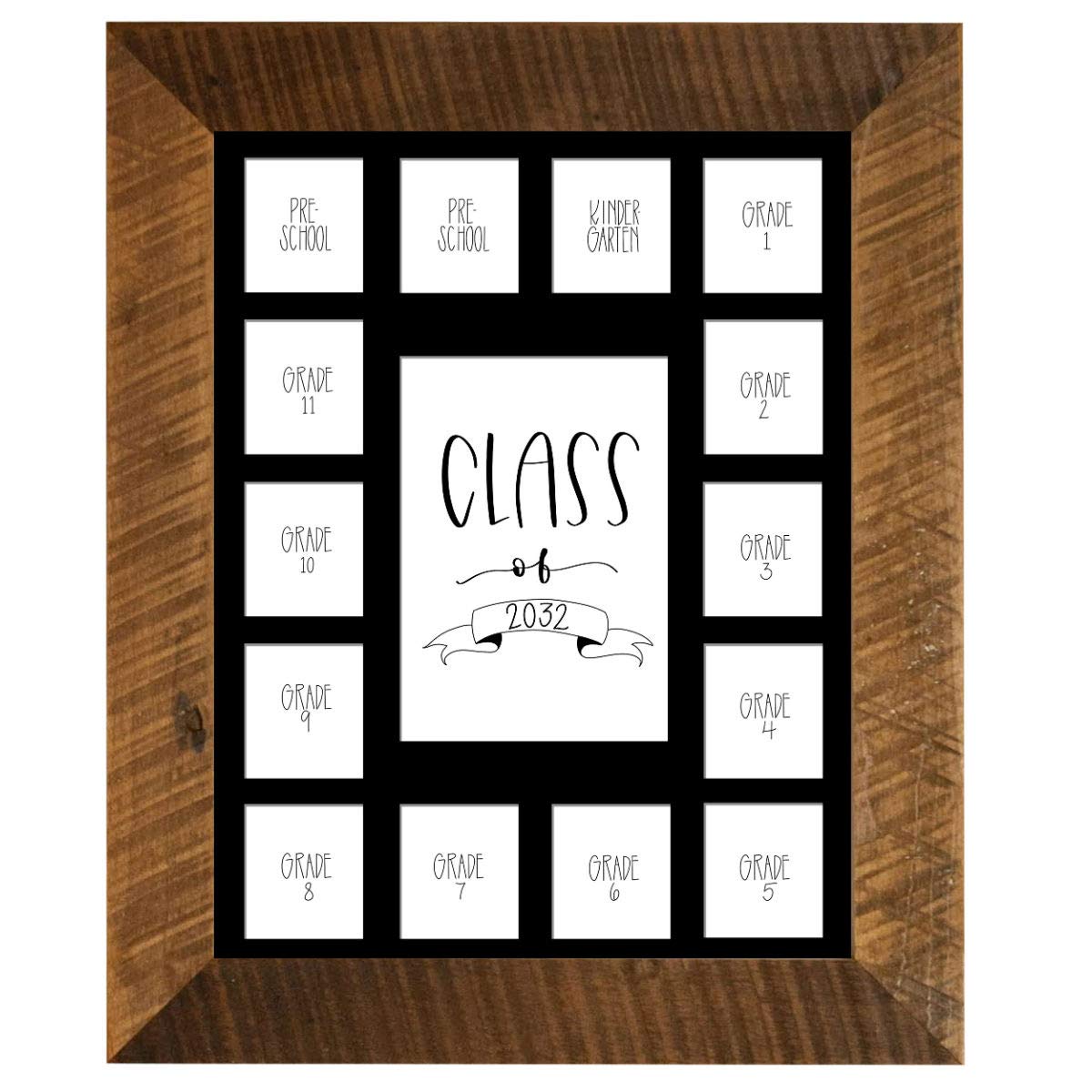 Rustic Red Door Co. School Years Reclaimed Wood Picture Frame with Mat - 11x14 Wooden Framed 15 Photo Collage Mat Pre-School &amp; Kindergarten to 12th Grade High School Graduation (Class of 2032, Black)