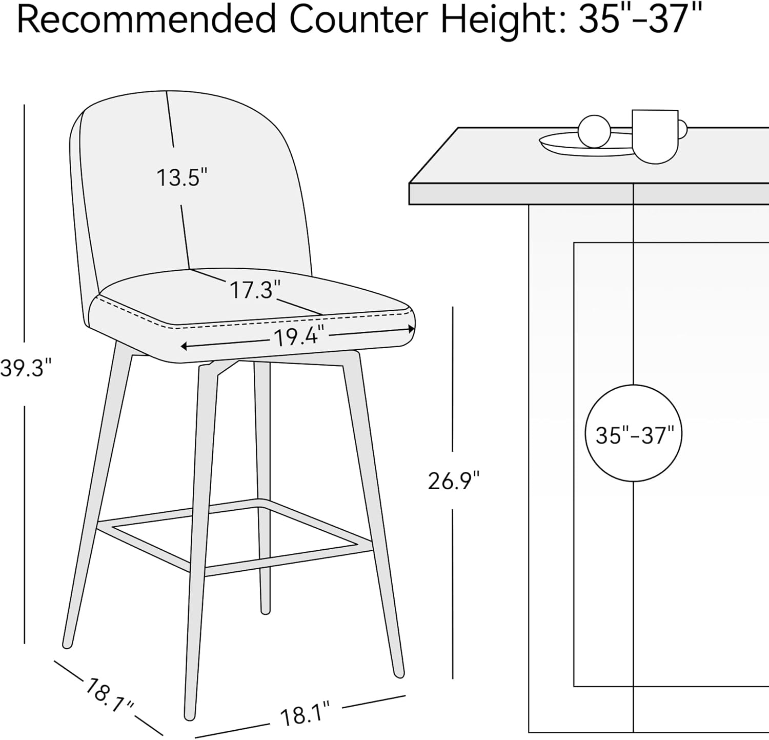 Counter Height Bar Stools Set of 2, 26 Inch Upholstered Swivel Barstools with Back and Metal Legs, Linen Fabric Counter Stools for Kitchen Island, Dining Room, Pub