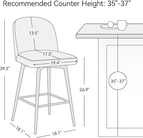 Miniatura 3 de Erdoru Juego de 2 taburetes de bar de altura de mostrador, taburetes de bar tapizados giratorios de 26 pulgadas con respaldo y patas de metal,