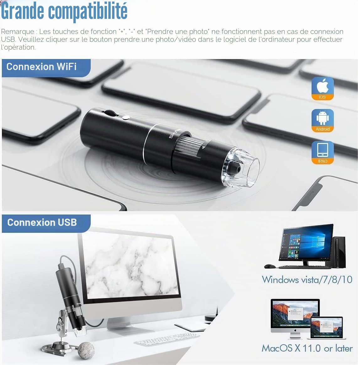 Microscope numérique Wi-FI, loupe SKYBASIC 1000X/microscope numérique Portable pour Adultes avec 8 LED pour Smartphones et Ordinateurs Android et iOS