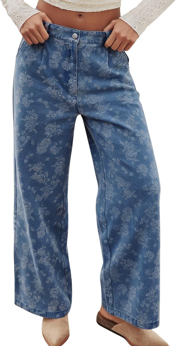 chouyatou Women's Baggy Floral Pattern Jeans Y2K Boyfriend Wide Leg Mid Rise Denim Pants with Pockets