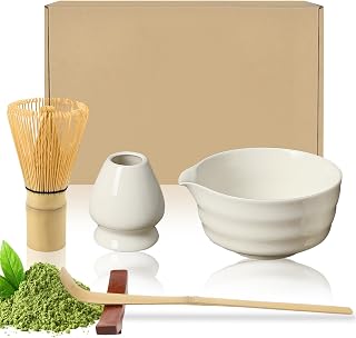 Raxfekro 5-Teiliges Matcha Set, Matcha Besen, Matcha-Schneebesen, Matcha Löffel, Matcha Schüssel mit Auslauf, Matcha Whisk, Keramik Matcha Tea Set (weiß)