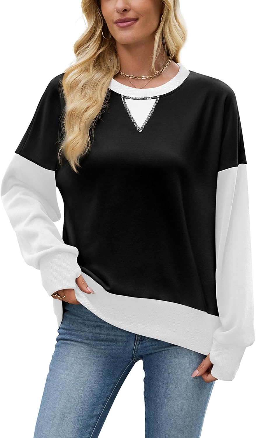 Women's Casual Color Block Sleeve Drop Shoulder Thumbhole Sweatshirt Soft Oversized Pullover Sweatshirts - Image 2