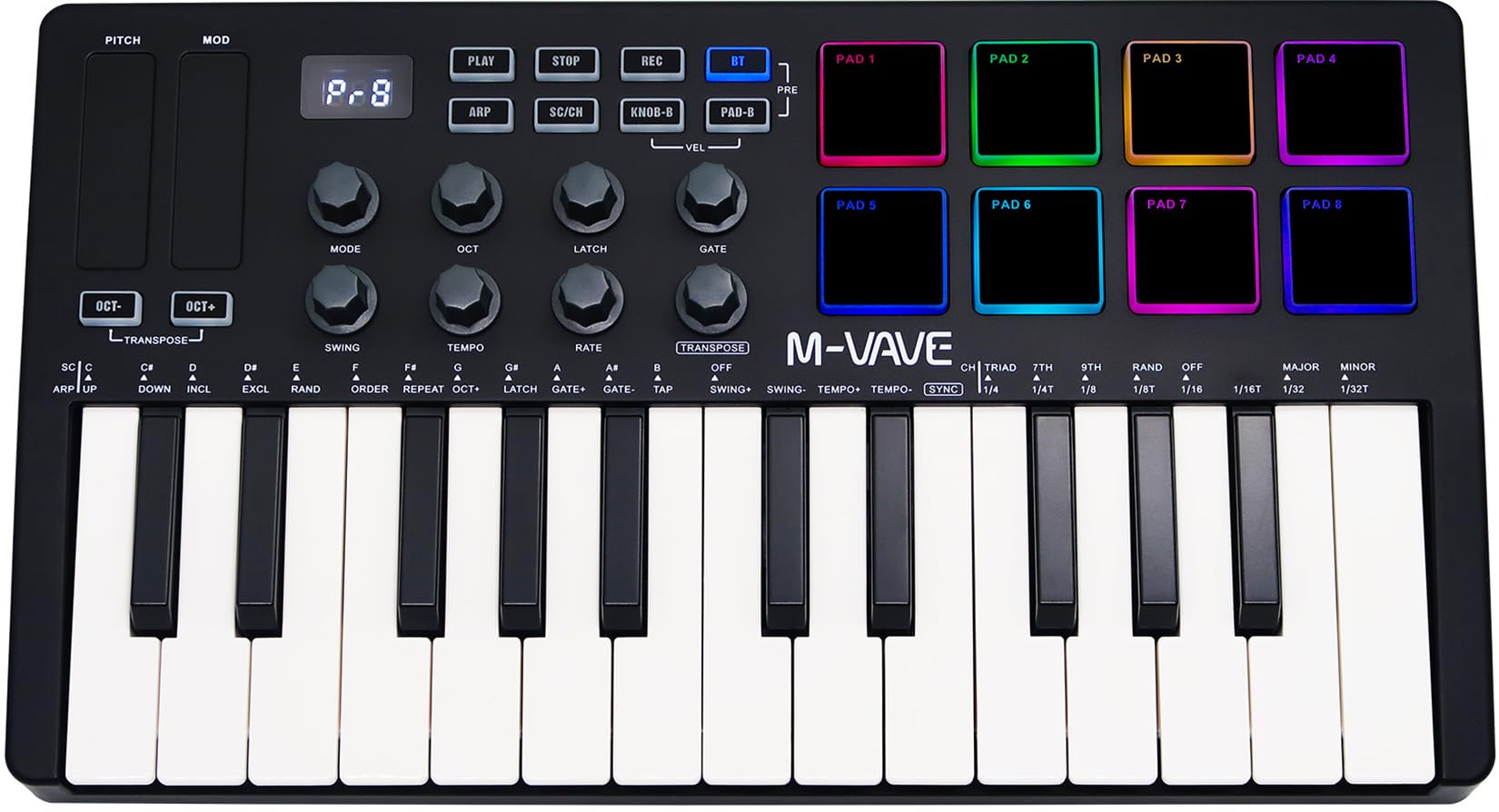 M-VAVE 25 tasti 8 retroilluminati Drum Pads Tastiera MIDI - Beat Maker professionale e Keytar per la produzione musicale Tastiera Batteria integrata Connessione wireless, Nero, MIDI 8 PADS
