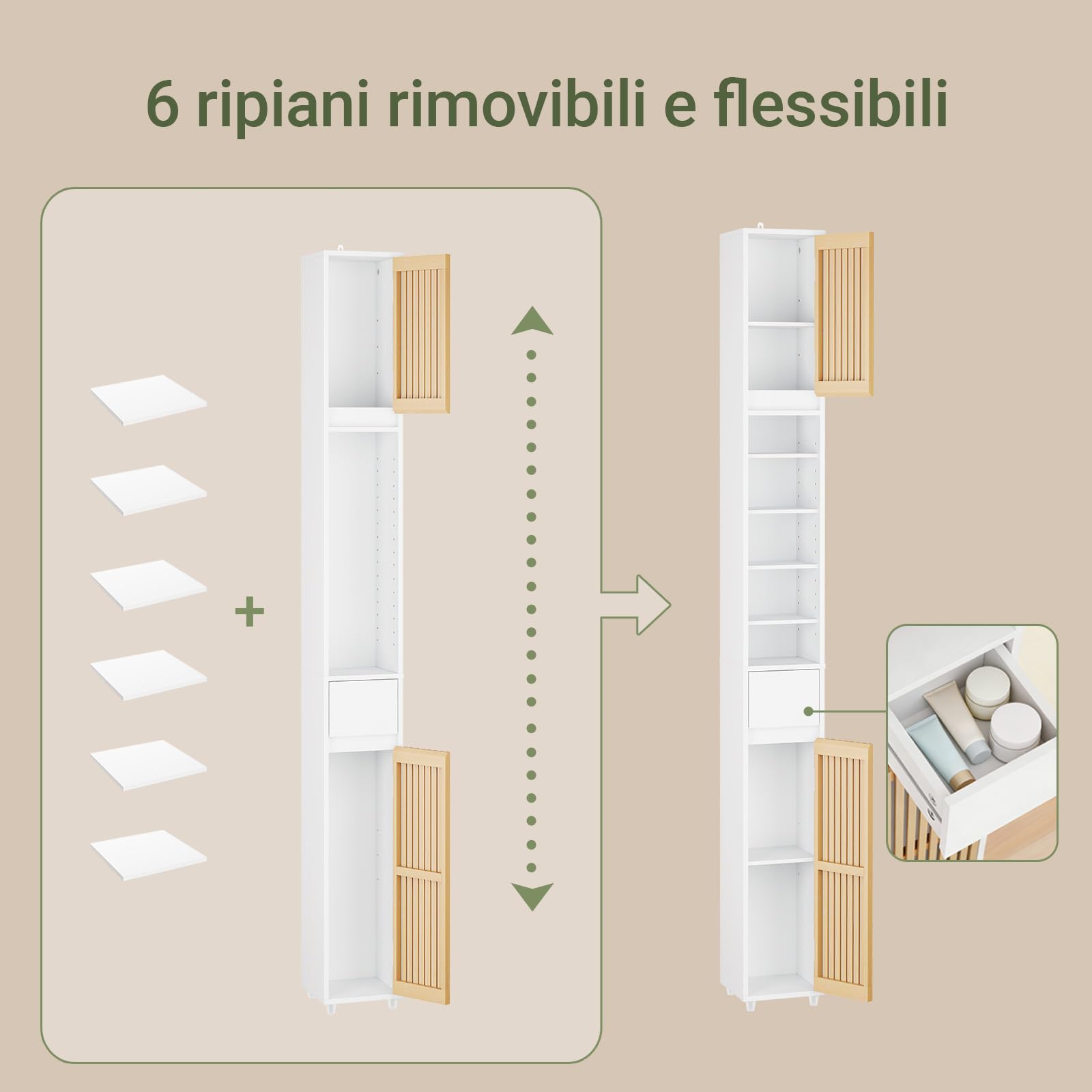 SoBuy Mobile Bagno Salvaspazio Colonna Armadietto Alto con 6 Ripiani Regolabili, Colonna Bagno con Ante in Bambù, Mobile Alto e Stretto per Piccoli Spazi, Bianco, 20x20x180cm, BZR34-BW