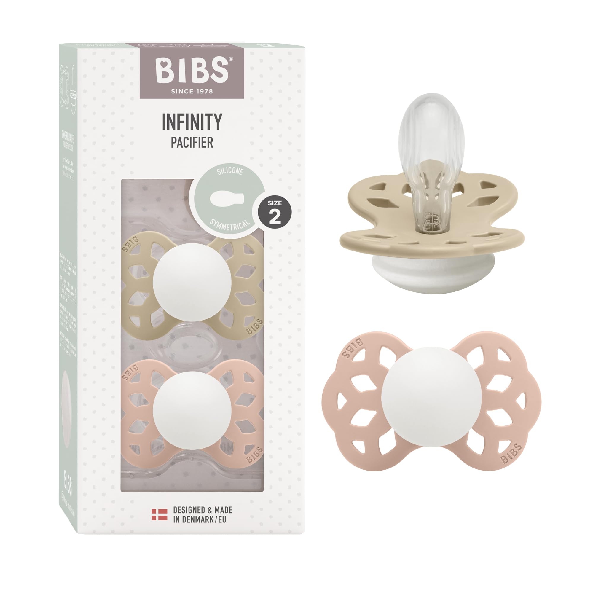 Ciucciotto Infinity simmetrico BIBS, confezione da 2, senza BPA. Fluorescente, Tettarella simmetrica. Silicone, Prodotto in Danimarca, Taglia 2 (6-18 mesi), Vanilla Glow/Blush Glow