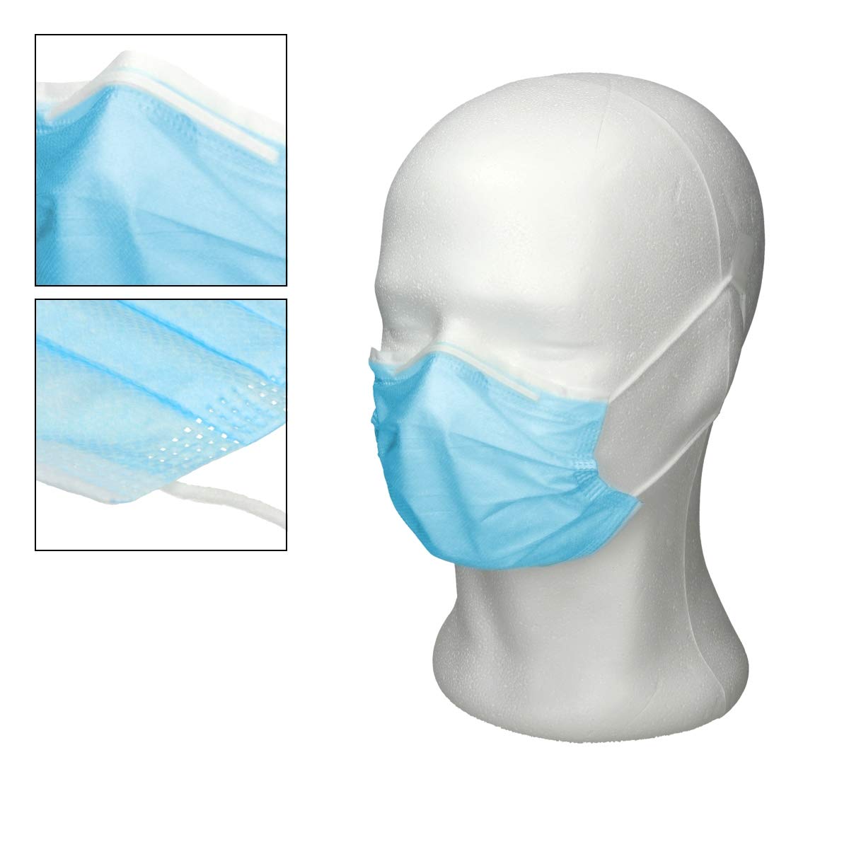 ECD Germany 50 Pièces Masque Facial Jetable avec 3 Couches -Masque de Protection Bleu pour Adultes - avec Boucles d'oreilles et Pince-Nez - Masque de Protection Buccale et Nasale Jetable