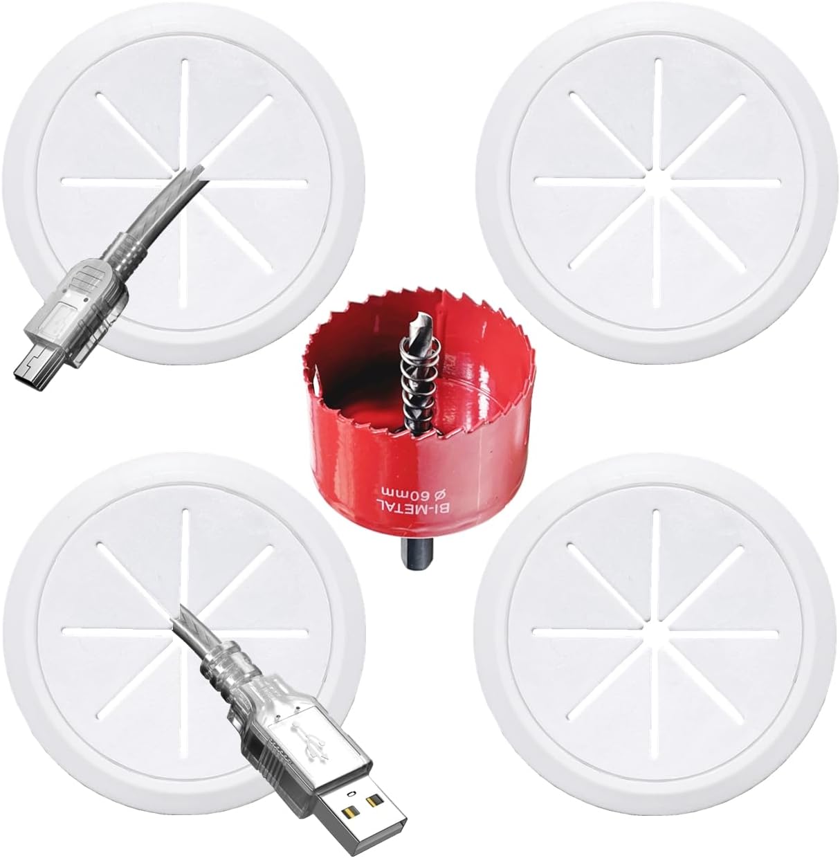 4 Pack TV Cord Hider for Wall Mounted TV, 2-3/8"(60mm Hole) Wire Hider in Wall Cable Management Kit, Includes 4 Pass Throughs and 1 Hole Saw Drill Attachment Easy to Install