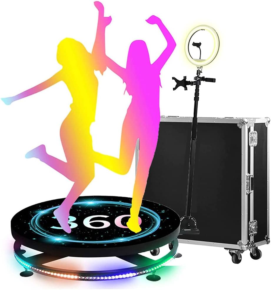 360 Photo Booth, 360 Selfie Camera Platform, 2-5 People Stand on Slow Motion Rotating Adjustable with Ring Light Parties Spin Video 360pro Degree for Wedding Party 31.5"/80CM with FlightCase 115cm