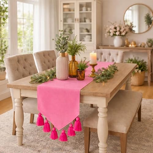 WWW.THROWPILLOW.IN Blush Pink Table Runner with Tassels 13x108 Inch|Fits 8 Feet TV Unit Cabinet,Center Table,Coffee Table,Dining Table,Dresser, Entry Console,Credenza|Living Room Diwali Decor