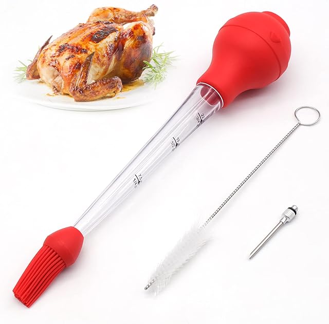 Turkey Baster Kit, Marinade Injector Silicone Bulb Meat Syringe with Brush, Turkey Baster Set for Turkey Beef Steak BBQ(Red)