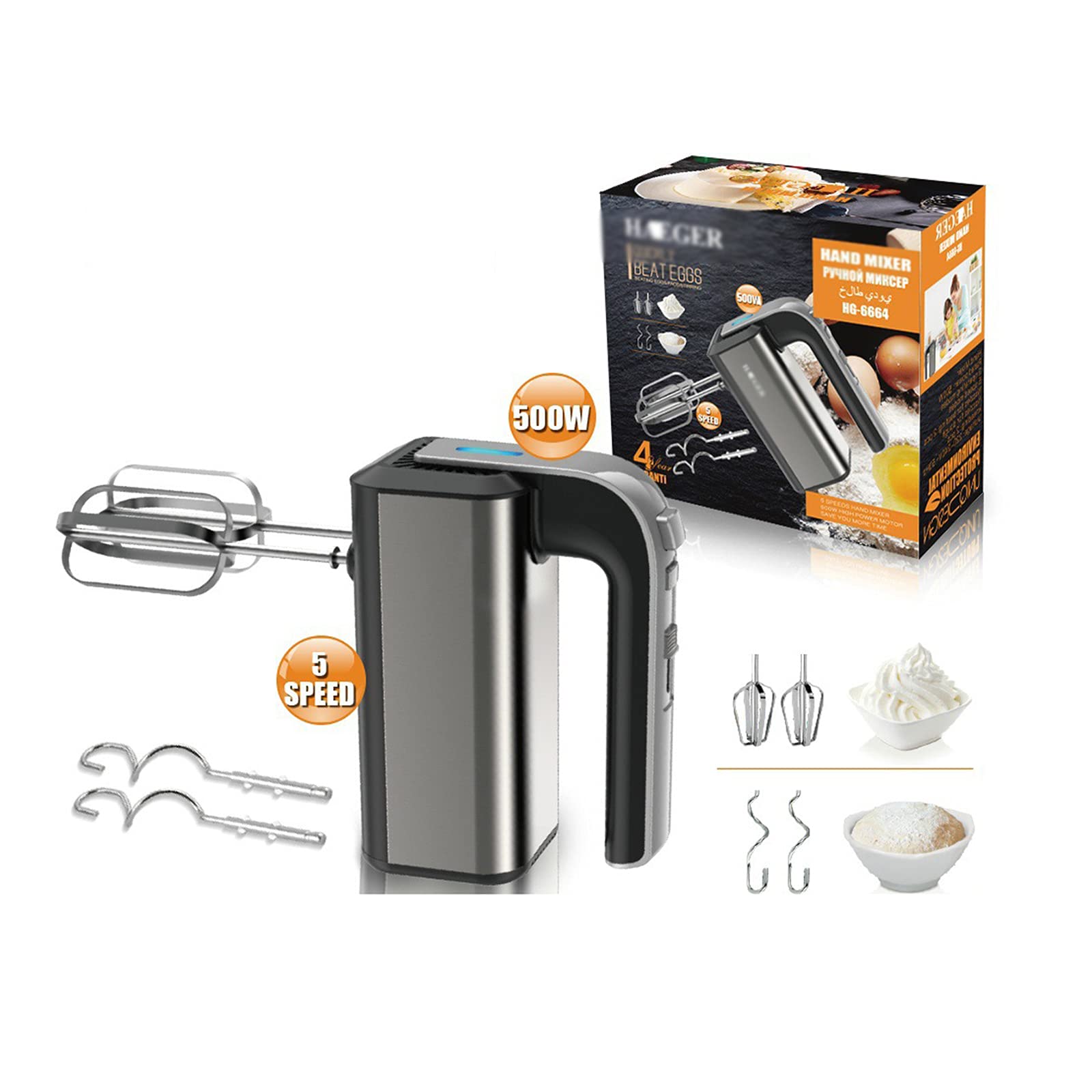 Frusta elettrica per frullatore a immersione, frusta ad alta potenza da 500 W con 2 fruste in acciaio inossidabile, 2 ganci per impastare, frullatore da cucina a 5 velocità Montalatte elettrico