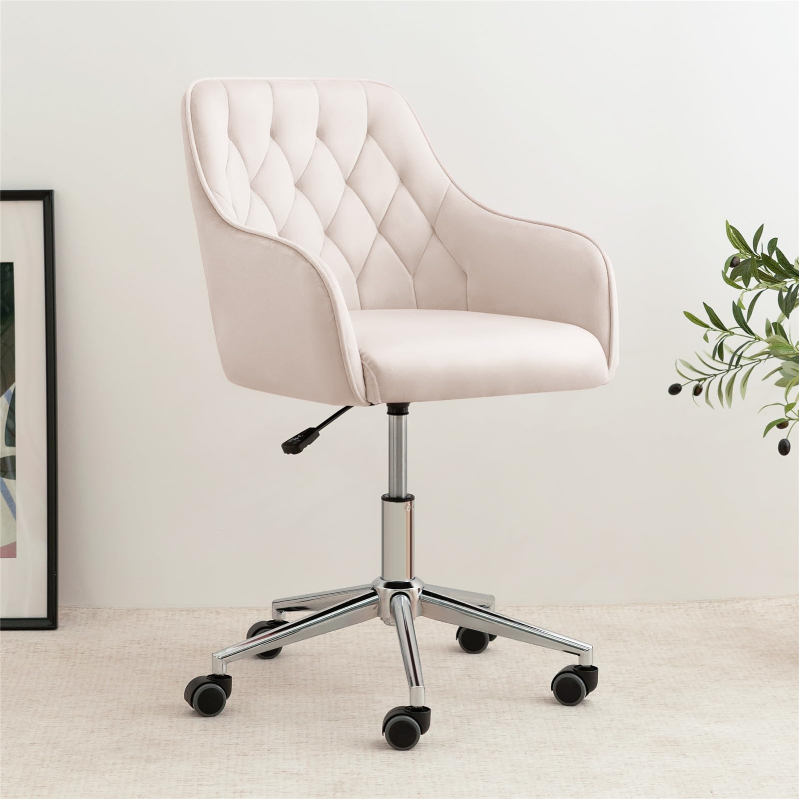 VANSPACE Velvet Office Chair Vanity Chair for Makeup with Wheels and Back Home Office Chair Adjustable Rolling Swivel Chair for Bedroom Vanity Room