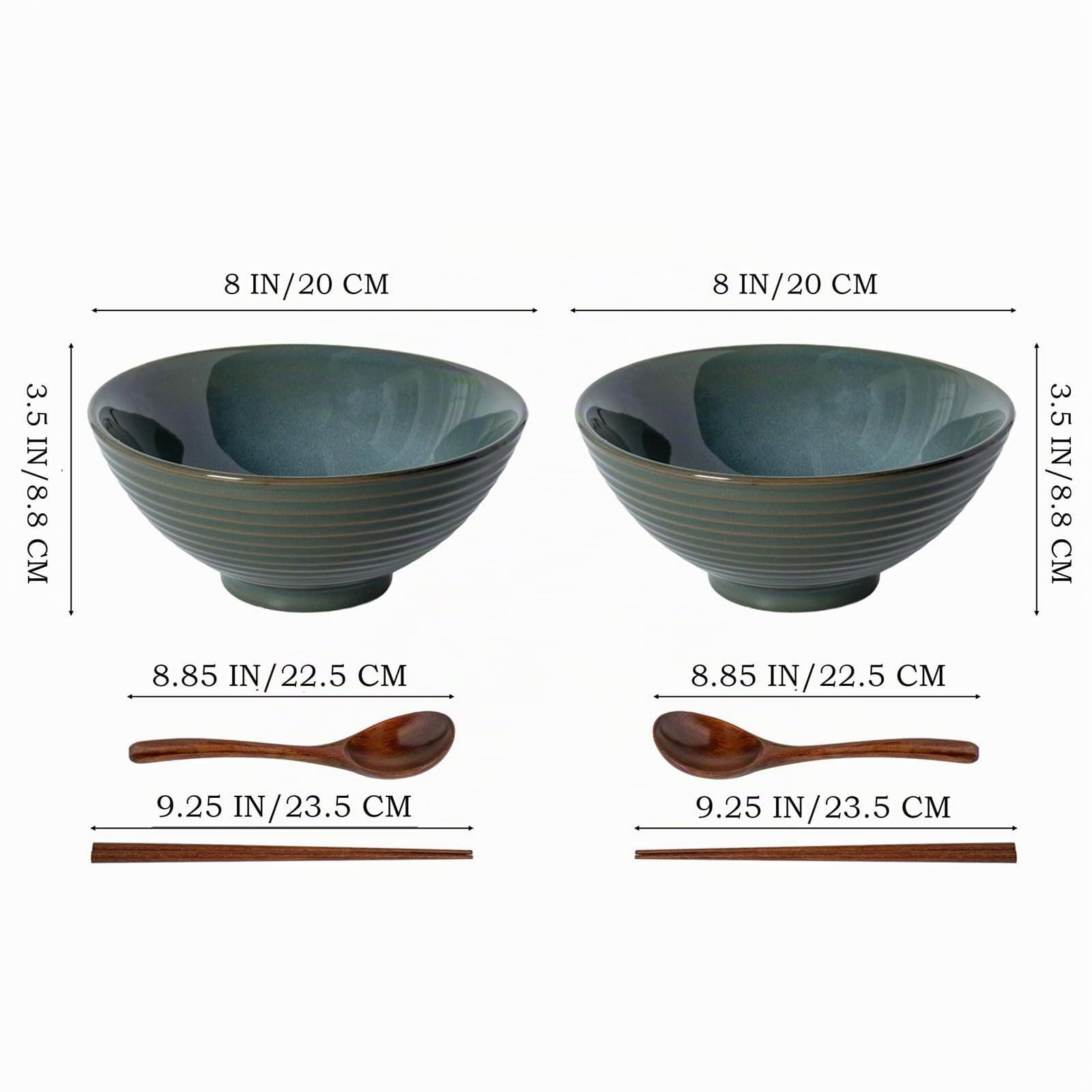 Lot de 2 bols à ramen en céramique - 1200 ml - 20 cm - Avec cuillère et bâtonnets pour ramen soup pho udon noodles asiatiques - Grand bol à noodle (vernis vert)