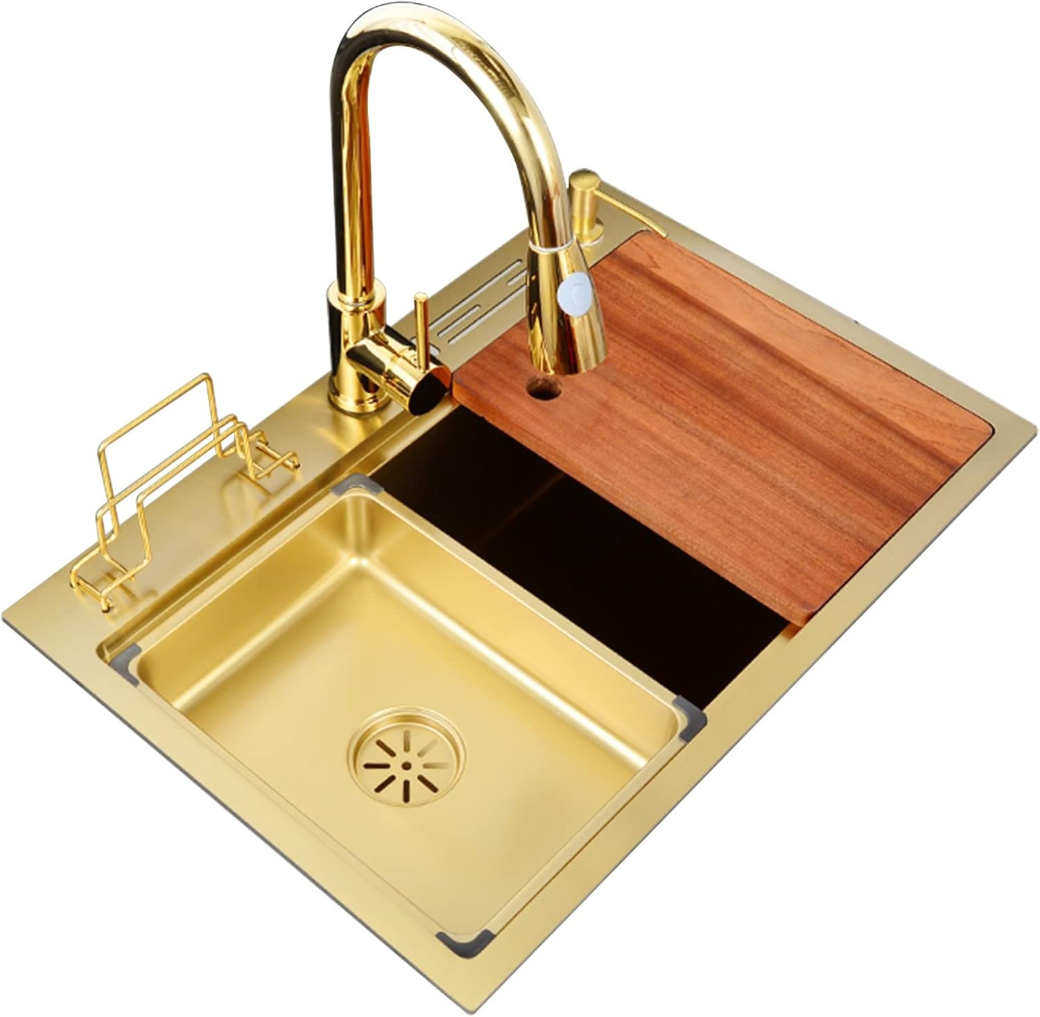 304 Stainless Steel Bar Prep Sink Household Gold Single Bowl Square Kitchen Sink with Pull-Out Faucet(Gold 75x46x22cm) (Gold 75x46x22cm)