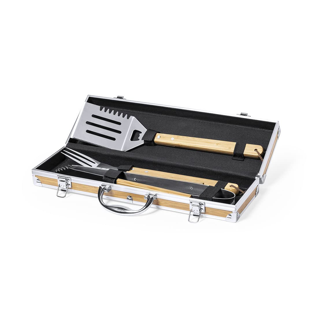 Set di 3 posate per barbecue, in valigetta in metallo effetto bambù, con pinza, forchetta e paletta per barbecue