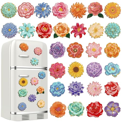 Xuhal 30 Pcs Flower Diamond Painting Magnets Floral Diamond Art Magnet Kits