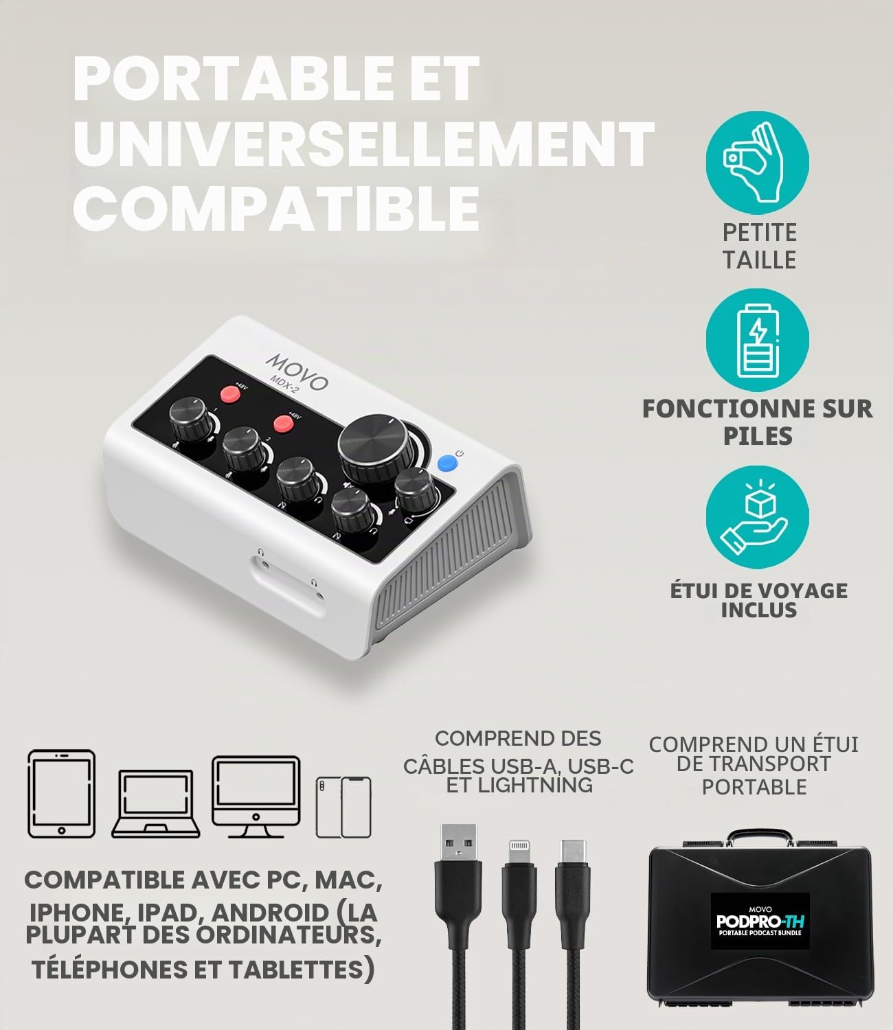 Movo Ensemble d'équipement de podcast portable pour téléphones iPhone/Android - Kit de podcast avec interface audio, 2 micros dynamiques CastMic et 2 supports de table - Pour smartphones, ordinateurs,