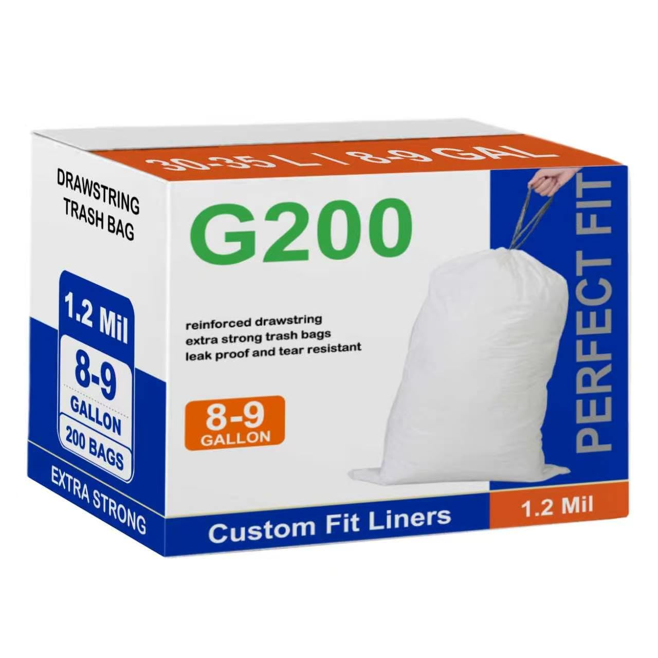 Perfect Fits Code G 200 Count Heavy Duty Trash Bags 1.2 Mil THICK White Garbage Can Liners Reinforced Drawstring Plastic Trash Bags 8-9 Gallon 200 Count GRAND SAVE