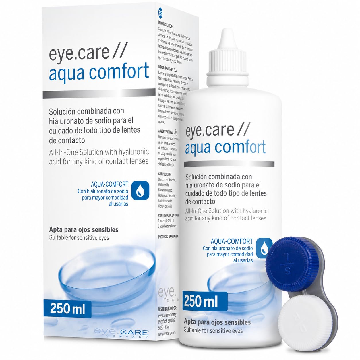 Eye.care płyn do soczewek kontaktowych – z hialuronem – premium 250 ml płyn pielęgnacyjny do wszystkich miękkich soczewek kontaktowych, w zestawie z antybakteryjnym pojemnikiem