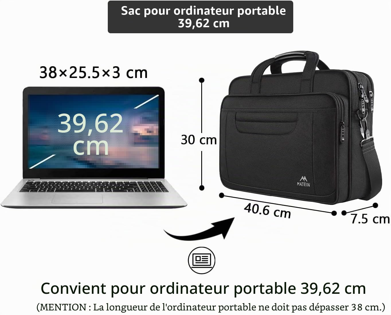 MATEIN Sac Ordinateur Portable 15.6 Pouces Mallette Multifonctionnel Business Handcase pour Les Femmes et Les Hommes, Enduring Nylon Sac à Bandoulière pour Voyage Tablette/Notebook Noir