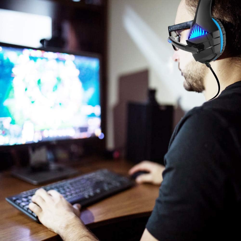 Selieve Gaming Headset for Xbox One, PS4, Nintendo Switch, PC, with Noise Cancelling Mic, LED Light Bass Surround Soft Memory Earmuffs for Fortnite/Red Dead Redemption 2 (Black & Blue)