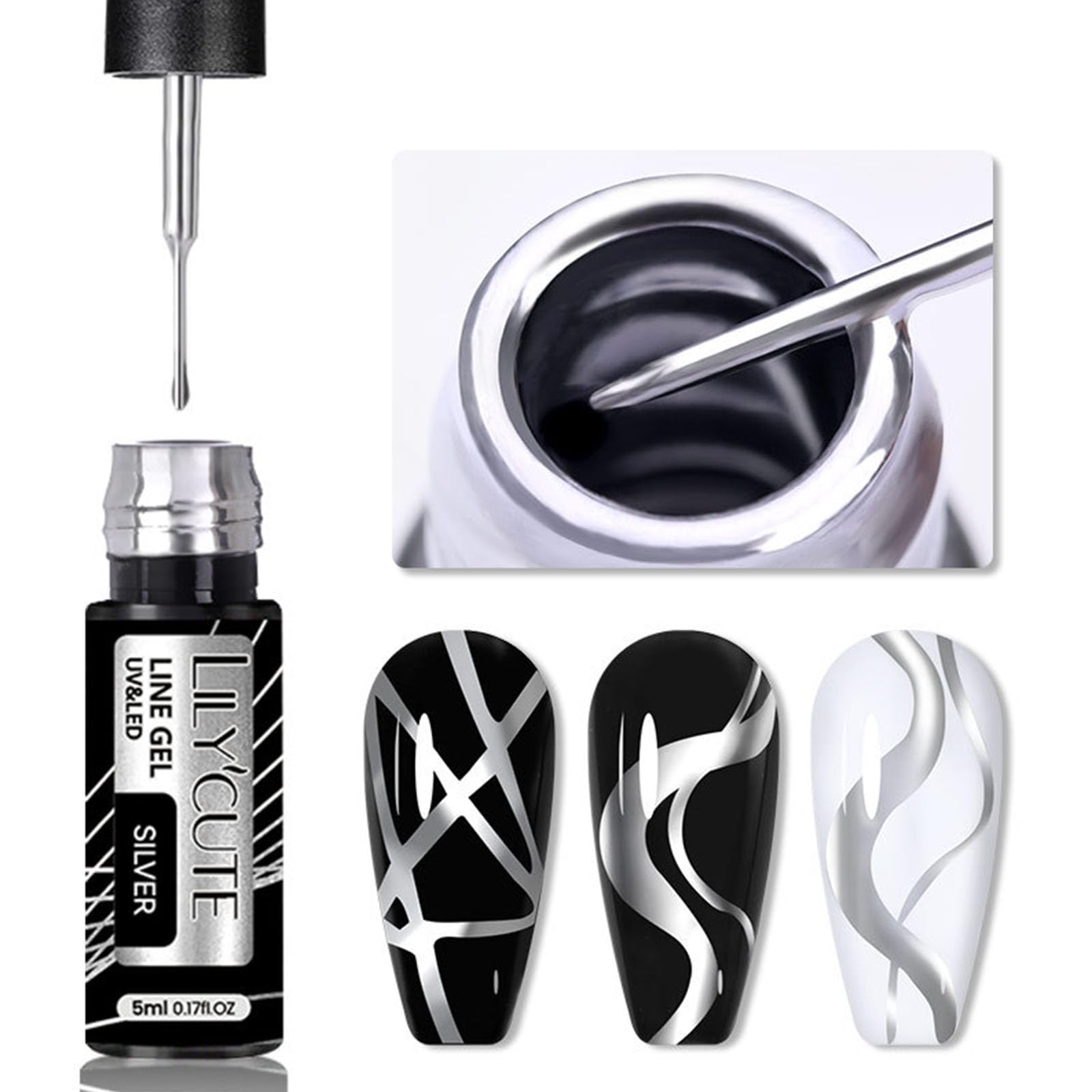 Silver Gel Nail Polish Liner Nail Art, Metallic Glitter UV Nail Polish, Gel Nails Colours for French Fineliner, Colour Gel Polish for Nail Design Women Home DIY Salon Manicure Gifts