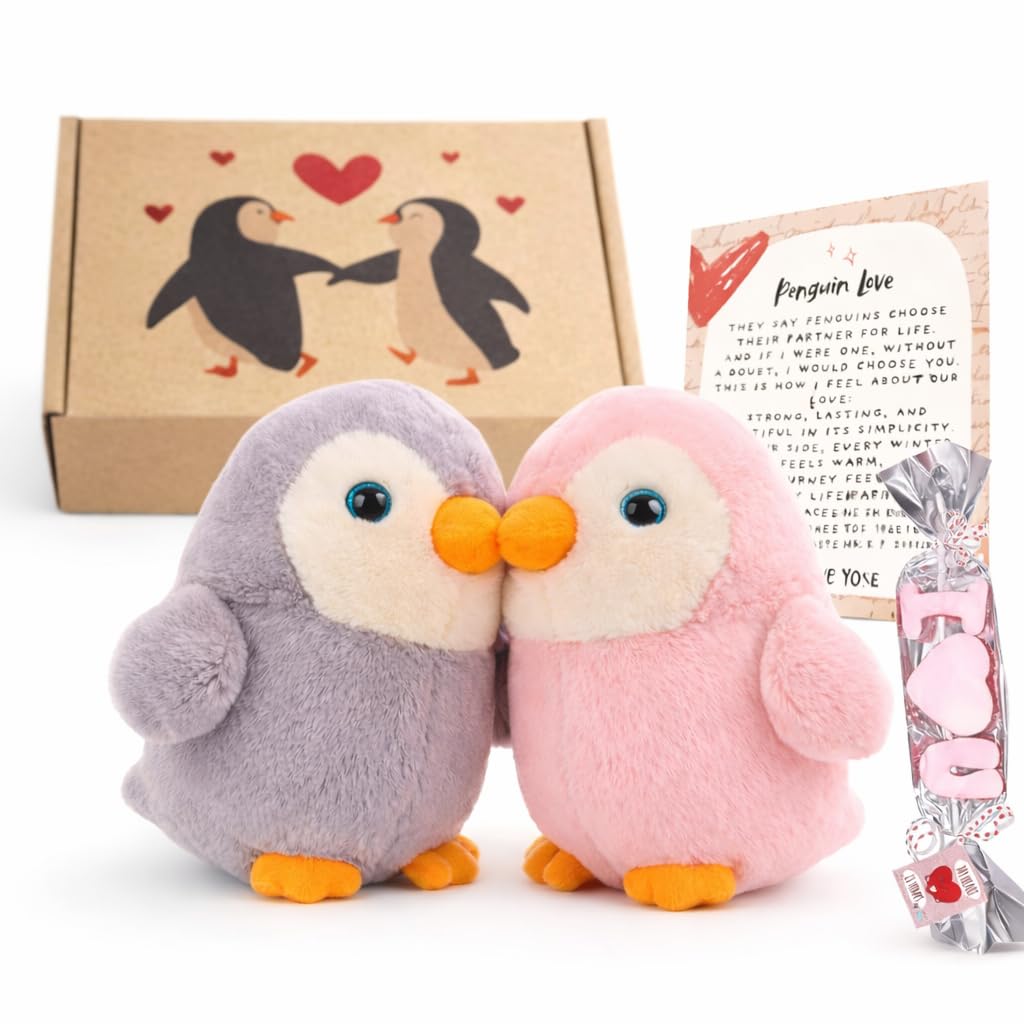 Peluchilandia Anniversary Romantic Gifts for Couple – Penguins Plush Toys with Box & Love Letter – Romantic Love Story Gift Set – Cute birthday gift for her or Him