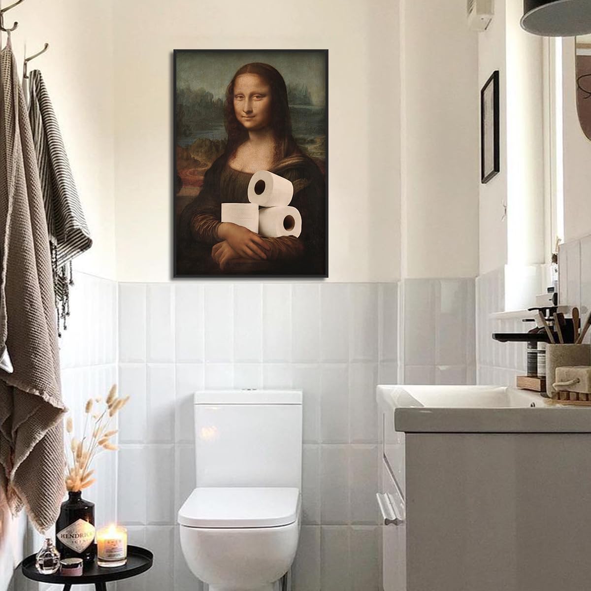 Anslipswar Funnyl Dipinto della Mona Lisa Arte da Parete su Tela per Bagno, Stampe Artistiche Umoristiche e Divertenti per WC, 30,5x40,6cm Incorniciato