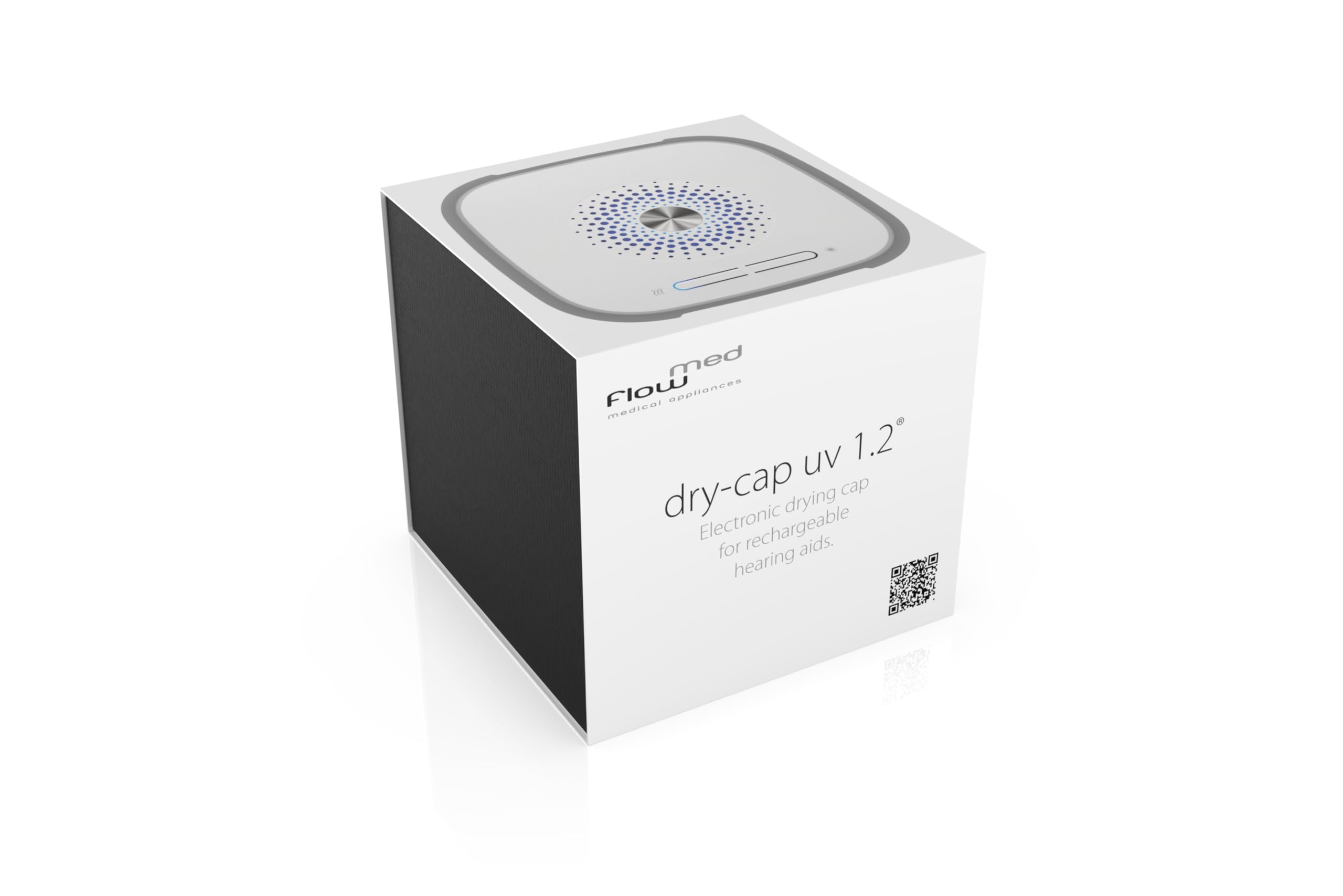 flow-med dry-cap UV 1.2 - Deumidificatore Apparecchi Acustici - Ricarica, Pulizia e Asciugatura Simultanee - Per ogni Apparecchio Acustico - Dispositivo Medico - 4 LED UV-C - Ventola e Calore - USB-C