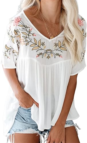 Melliflo Blusas mexicanas bordadas florales con cuello en V para mujer, estilo bohemio, dobladillo alto y bajo, blusas campesinas tipo babydoll