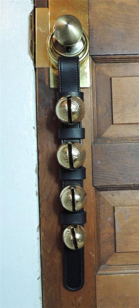 4 Classic Brass Sleigh Bells on Leather Strap, Door Hanger Amish Handmade