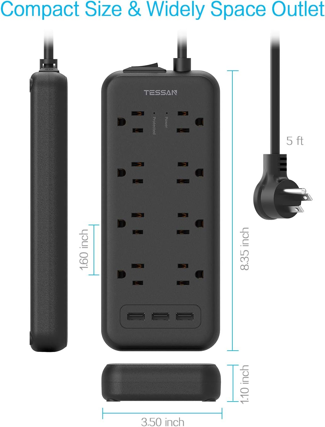 Rеvіеw Prоduсt Surge Protector Power Strip, TESSAN 8 Outlets and 3 USB Ports 5Ft Long Extension Cord Flat Plug, 1875W/15A, 1700 Joules, Wall Mountable for Home, Office, School and Dorm Room Essentials, Black