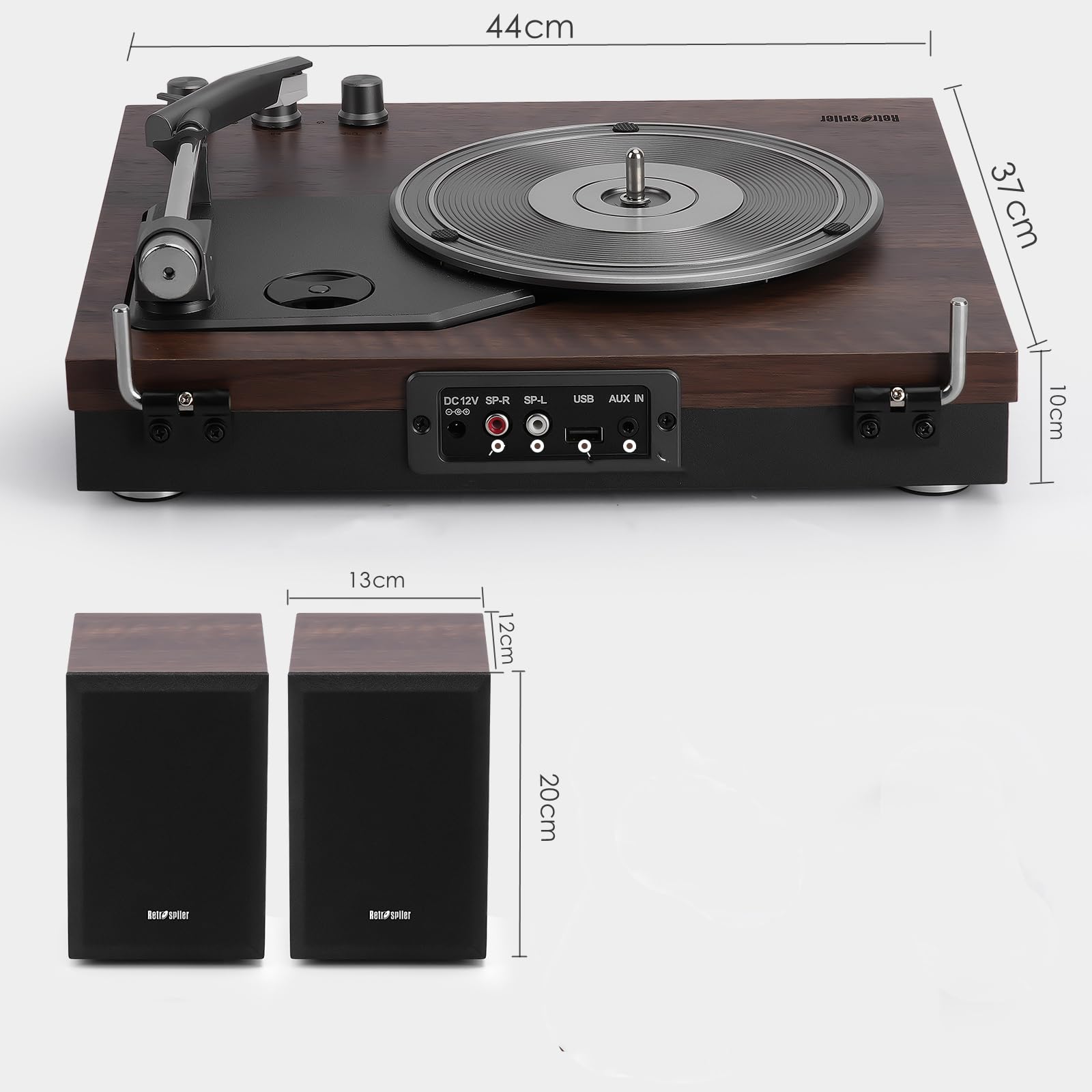 Plattenspieler mit Externe Stereo-Lautsprecher, Vintage-Schallplattenspieler, Bluetooth-HiFi-Plattenspieler mit Externe Regallautsprechern