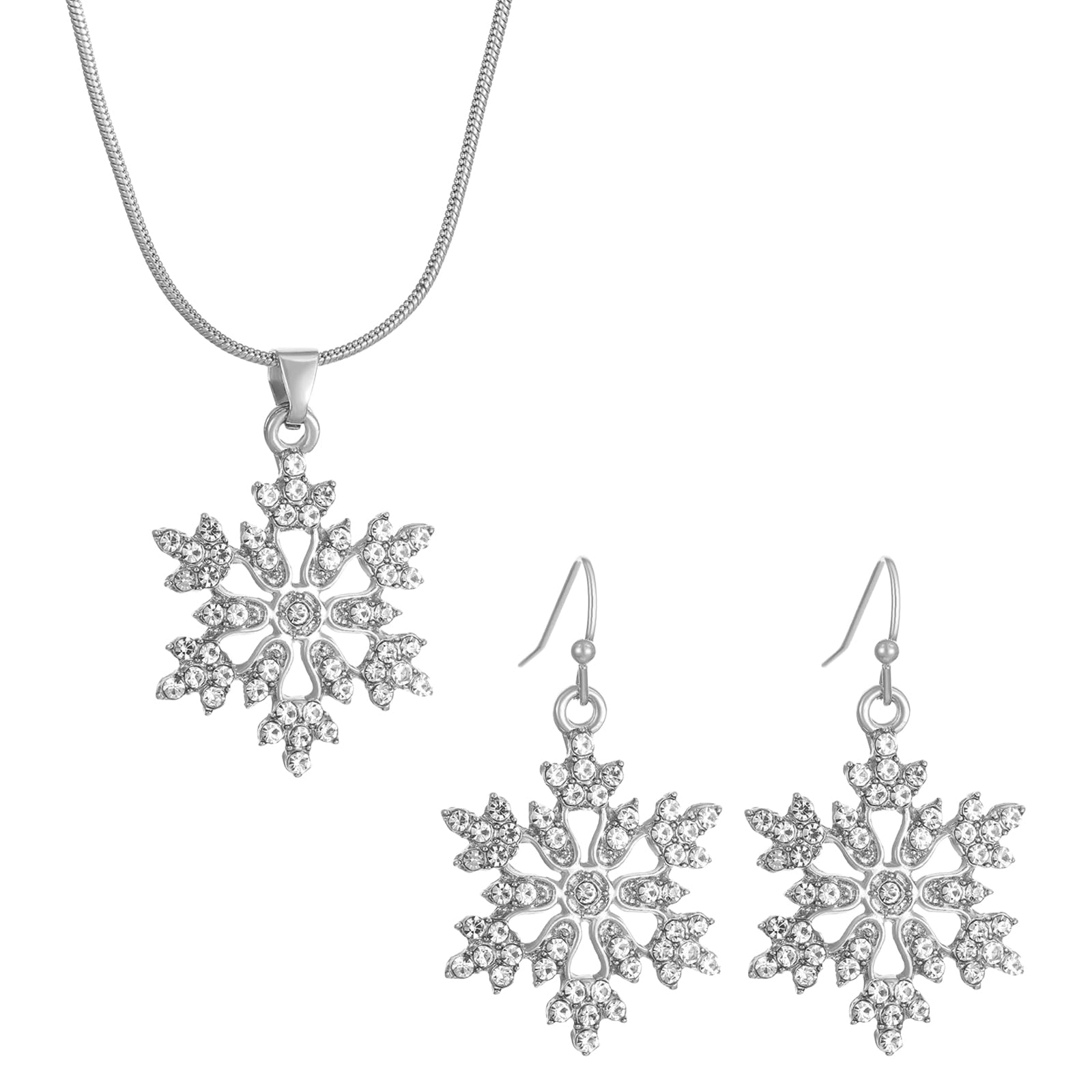 JewelryWe Weihnachtsschmuckset Ohrringe Halskette 3er Set: Weihnachtsbaum Schneeflocken Tropfen Ohrring Anhänger mit Kette Schmuckset Weihnachten Schmuck Geschenk für Damen