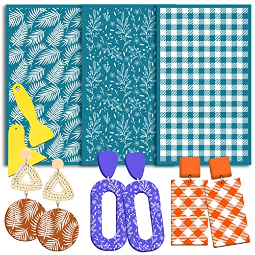 Juome Silk Screen Stencils for Polymer Clay, 3Pcs Reusable Silk Screens Printing Kit with 2Pcs Scrapers, Polymer Clay Tools for Earring Jewelry Making