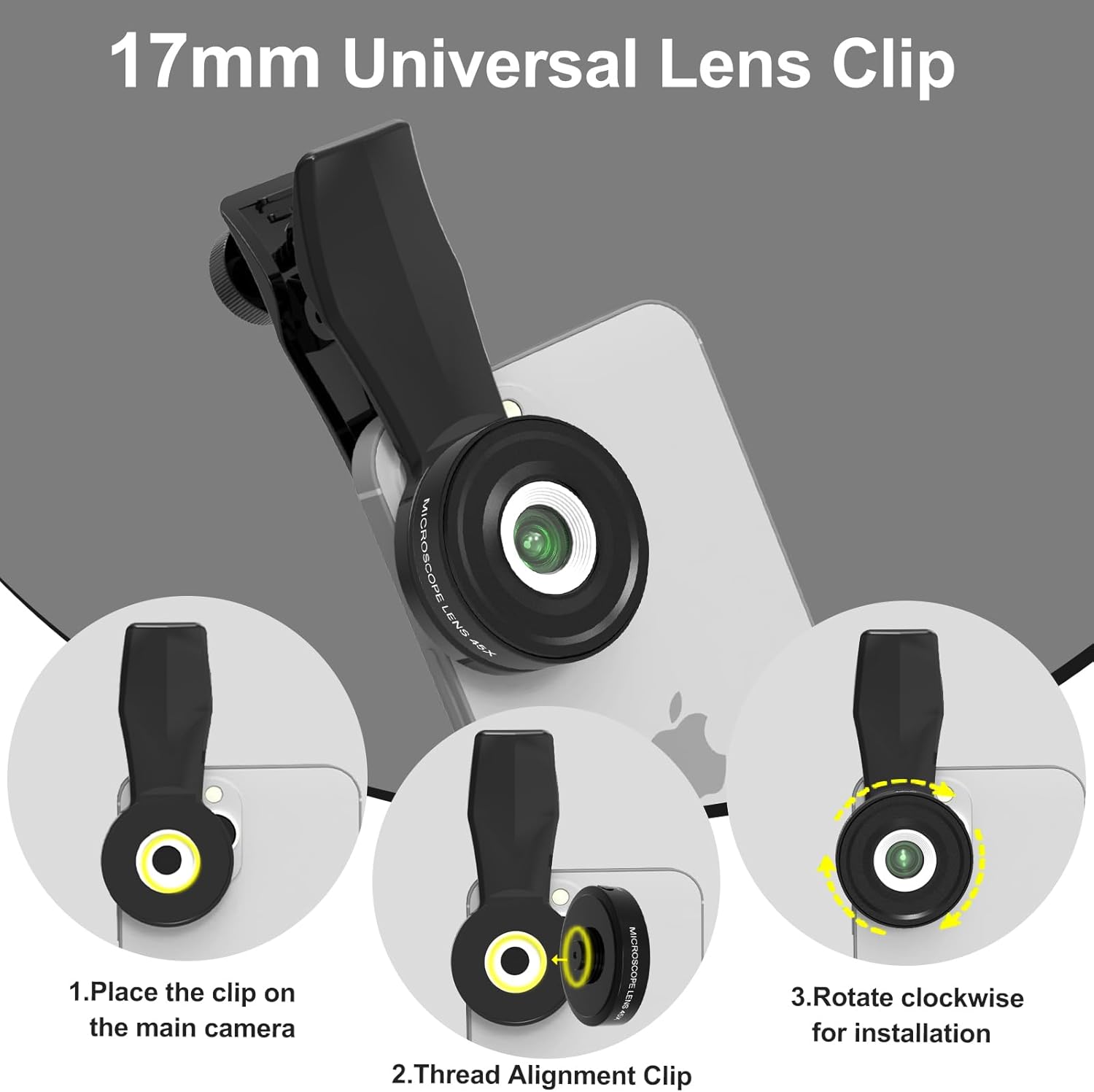 45X Mini Pocket Microscope Lens with 2-Level Adjustable LED Light for iPhone Android Smartphones, 17mm Thread Universal Lens Clip, USB-C Data Cable, Compatible with SmallRig and NEEWER Phone Cage