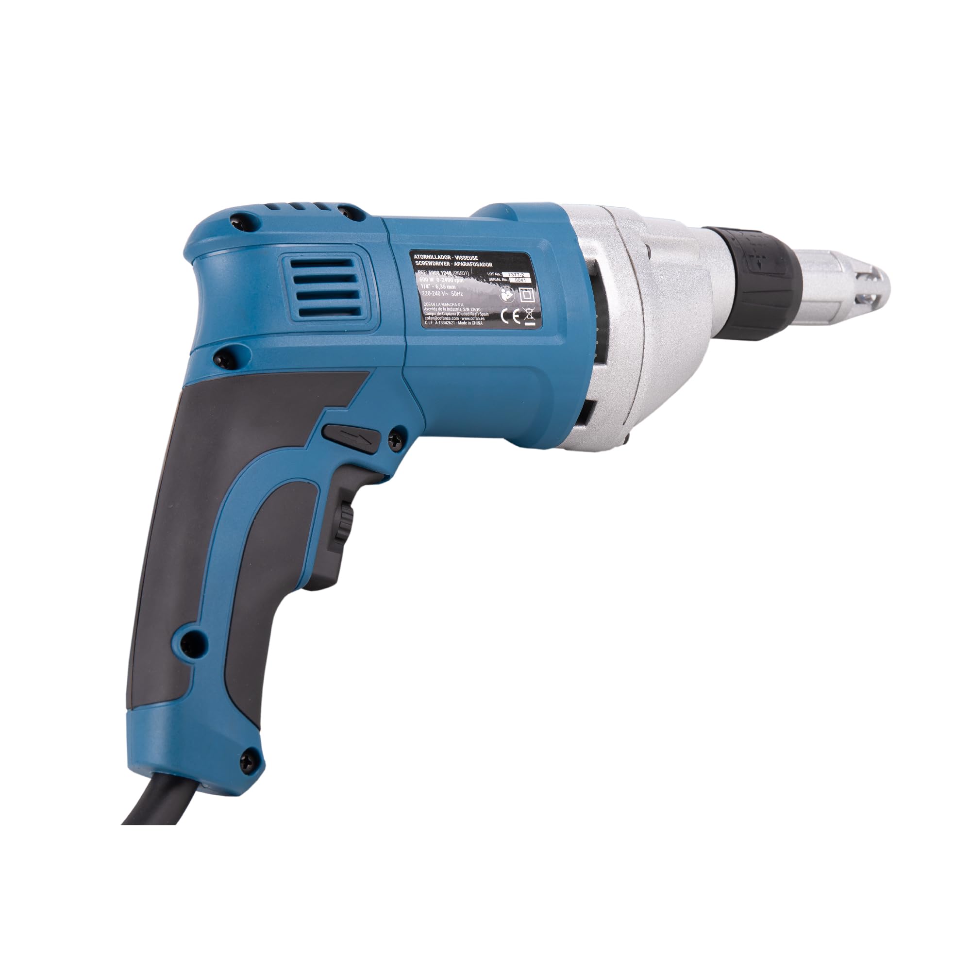 Cofan Atornillador eléctrico para paneles de yeso 600 W 2400 rpm, Control de velocidad variable, mango ergonómico, botón de bloqueo, Atornillador de obra en seco con cable