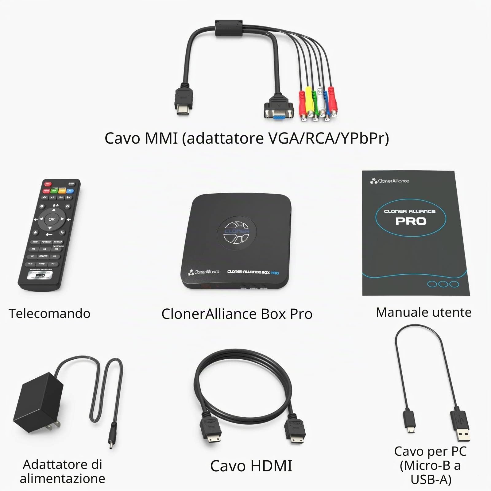 ClonerAlliance Box Pro, videoregistratore 1080p@60fps, DVR con Capture HDMI, riproduzione su TV. Convertitore da RCA/YPbPr/VGA a digitale. Nessun computer richiesto. Supporta PVR/OTA.