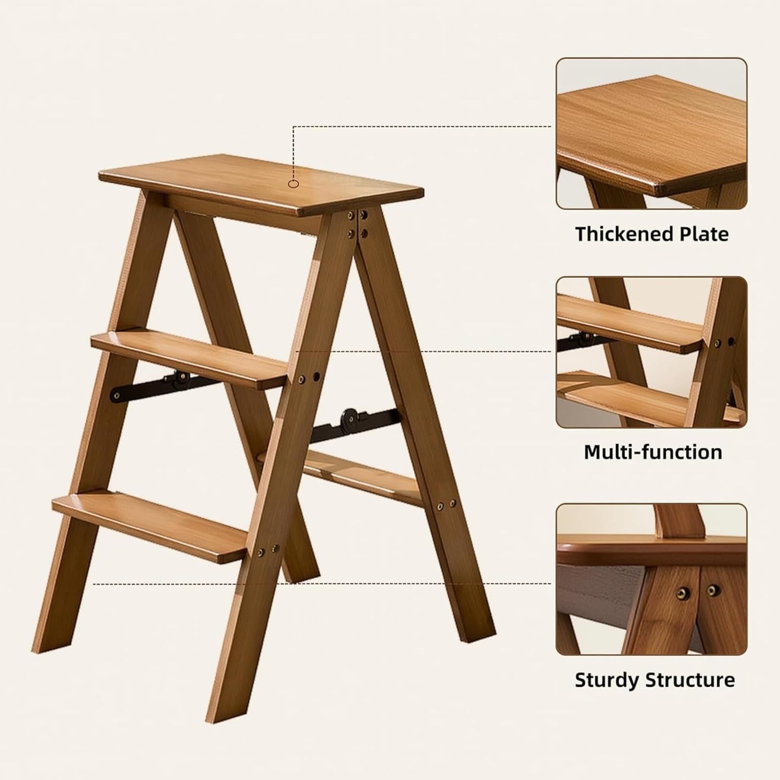 Escabeau pliant en bois à 3/4/5 marches, capacité de charge de 100 kg, Tabouret escabeau pliant multifonctionnel, large pédale antidérapante, pour la maison/cuisine/garage,échelle utilitaire(5 floors)