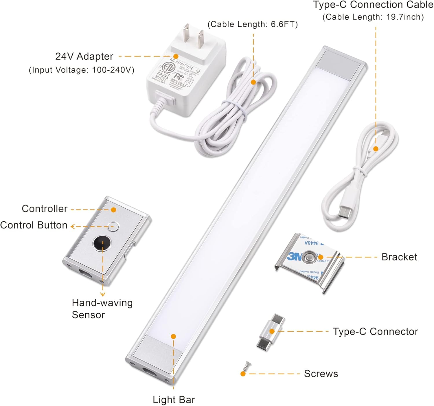 LIT-PaTH 11.8 Inch Under Cabinet Light with Hand Wave, Plug-in Under Counter Lighting, Dimmable & 3 Color Temperature, LED Magnetic Closet Lights for Kitchen, Silver Finish