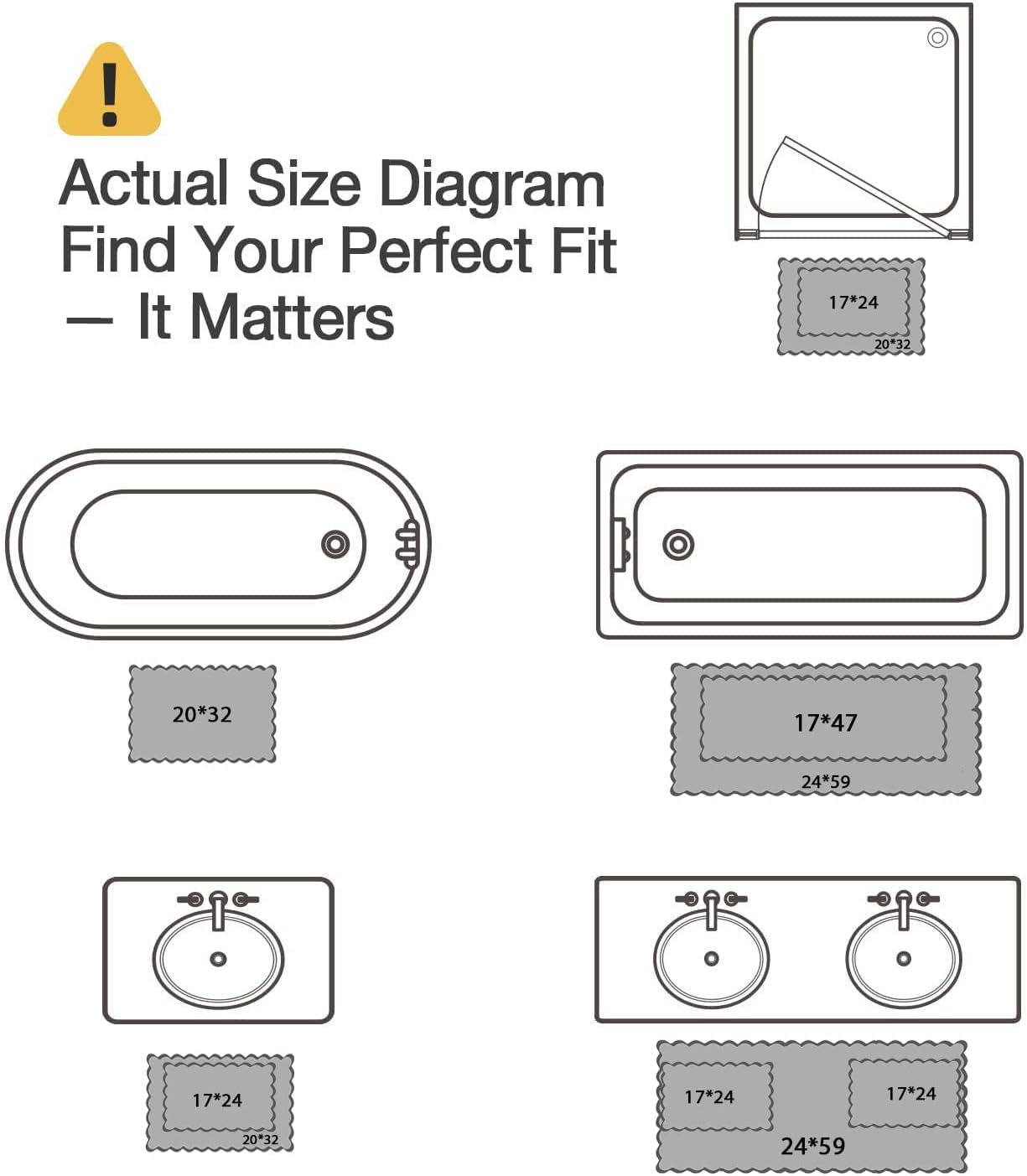 ORTIGIA Black Bath Mat with White Scallop Non Slip, Quick Dry Bath Rug Absorbent Soft Plush Microfiber Bathmat for Bathroom Floor Carpet for Sink Bedroom, 17x47