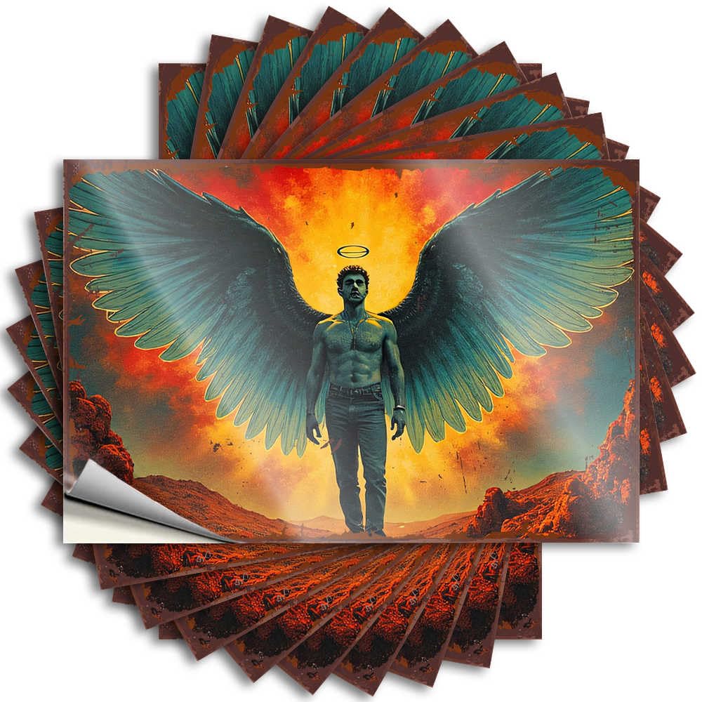 Haves Funky Tattoos - Angel with Black Wings Standing in Front of Fiery Sky Removable Decal Hat Easy Peel for Standing(8X12CM)
