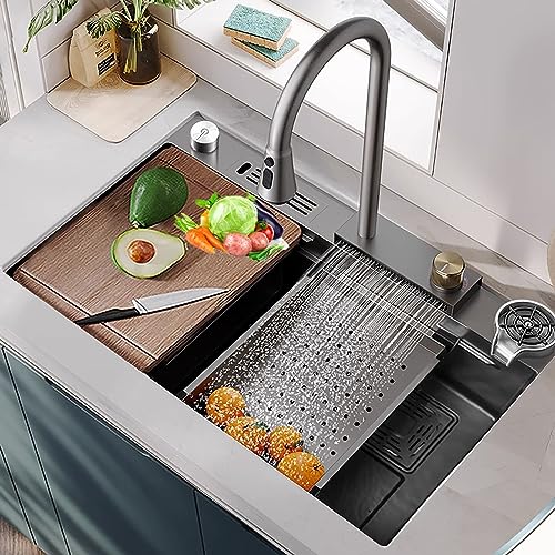 Évier de cuisine en cascade en acier inoxydable noir nano à cuve unique avec robinet extractible