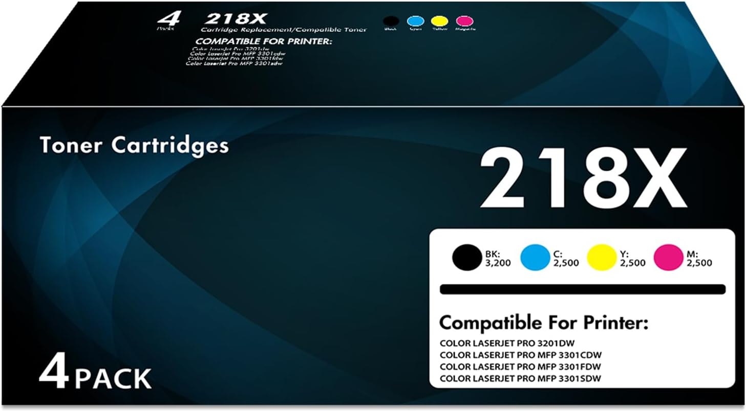 218X Toner Cartridges 4 Pack Pro MFP 3301fdw 3201dw Toner Compatible for 218X High Yield 218A for Color Laser Pro 3201dw MFP 3301 Series 3301fdw 3301sdw 3301cdw Printer Ink W2180X W2180A (with Chip)