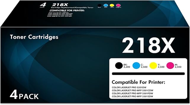 218X Toner Cartridges 4 Pack for HP 218A MFP 3301 3301fdw 3201dw with Chip | Compatible for HP 218X High Yield 218A for Color Laserjet Pro 3301fdw Series 3301sdw 3301cdw Printer W2180X W2180A B/C/M/Y