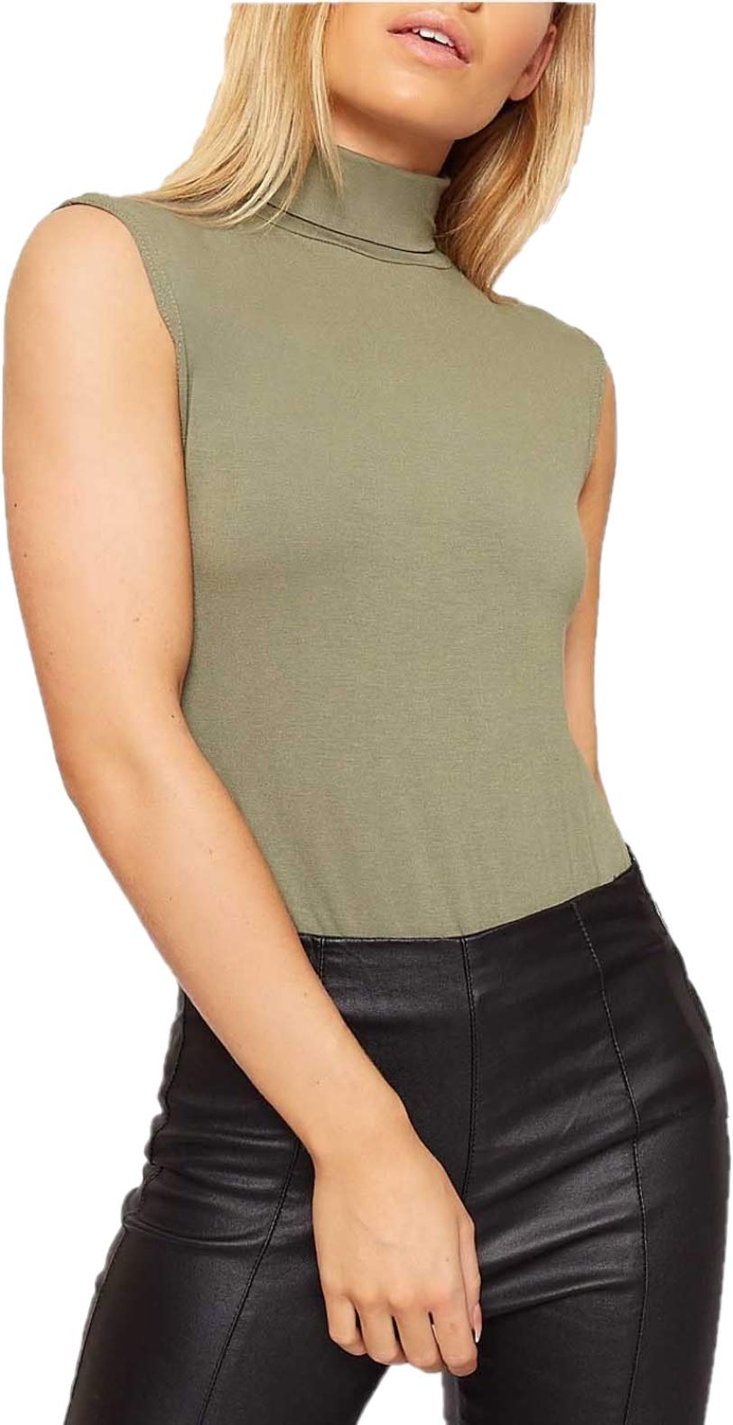 An Direct Women's Khaki Sleeveless Stretch Turtle Polo Roll Neckline Vest Plain T-Shirt Jumper Top (, 20-22)