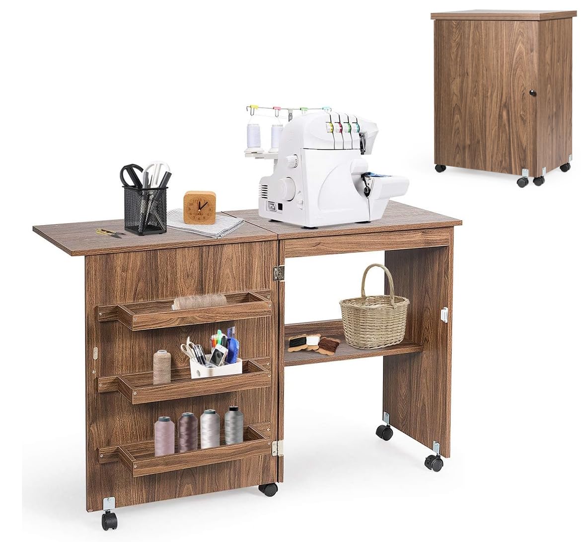 RELAX4LIFE Mesa de Costura Plegable con 5 Ruedas, 4 Estantes de Almacenamiento y Frenos, Mesa para Máquina de Coser de MDF, Mesa Multifuncional para Salón, Dormitorio, 118,5x40x79,5cm (Marrón)