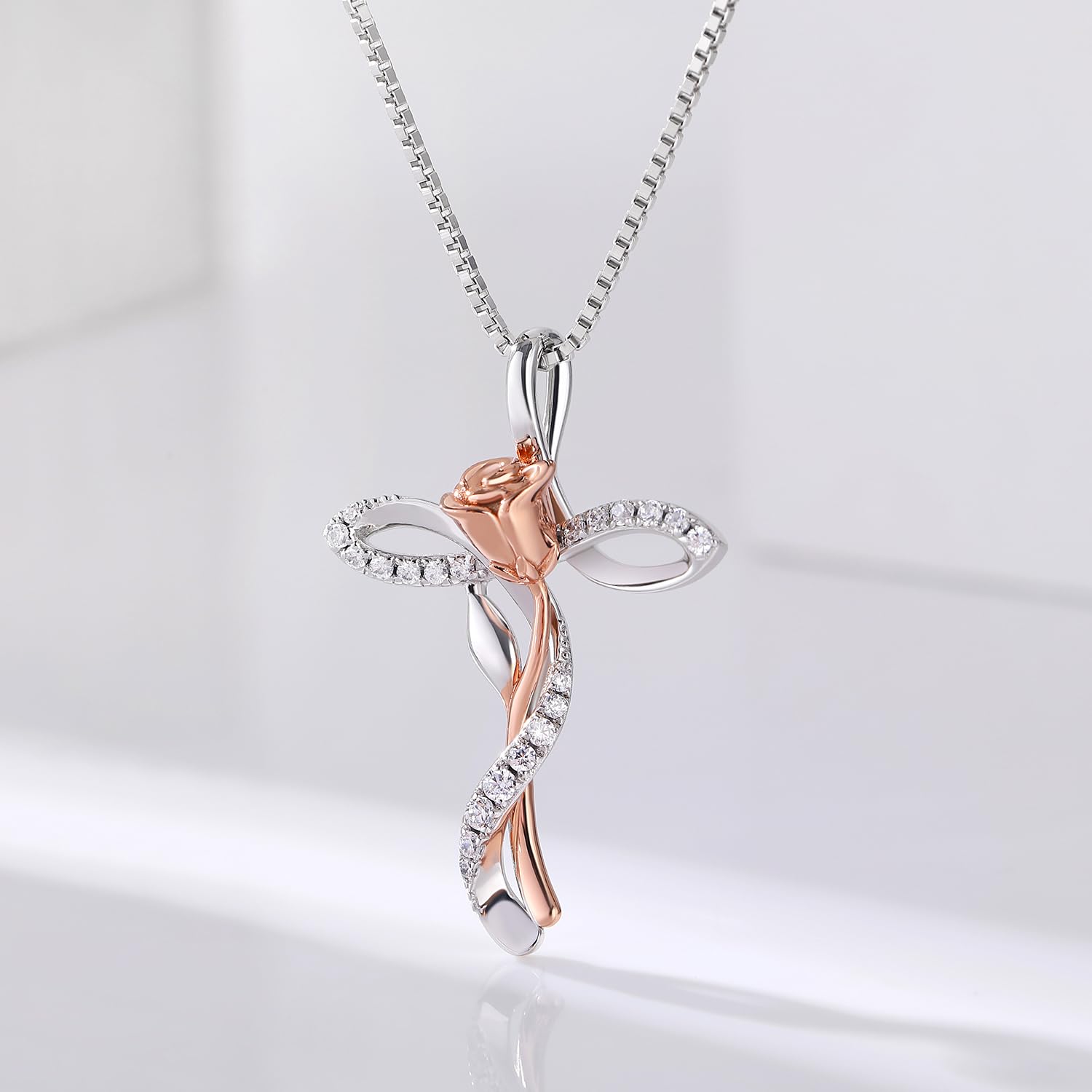 Collana Croce Infinito Rosa 18K placcato in oro bianco per Donna in Argento Sterling 925 con Ciondolo Diamante Simulato, Gioiello Elegante per Donne