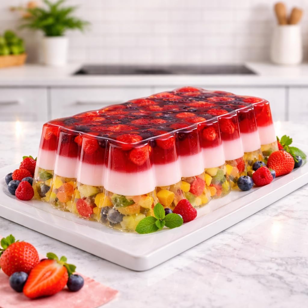Rectangular Scalloped Gelatin Mold – 3.4L Fluted Jello Mold – Molde Rectangular para Gelatina – Decorative Layered Dessert Mold – Semi-Rigid Plastic – Made in Mexico